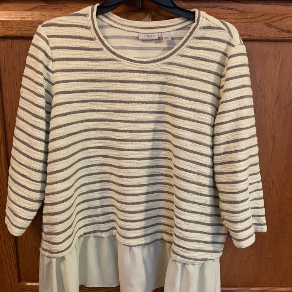 LOGO by Lori Goldstein Striped Cream and Gray Top